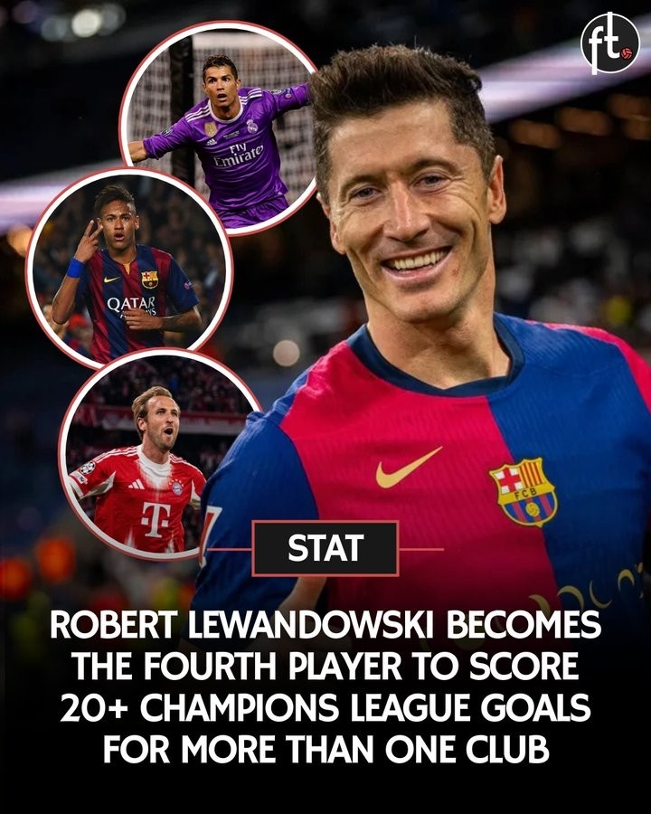 莱万在欧冠为两支球队打入20+球，成为历史第四人